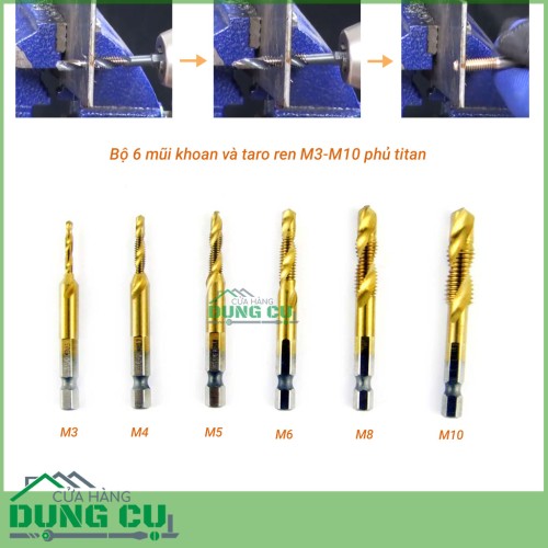 Bộ 6 mũi khoan và taro ren M3-M10 phủ titanium