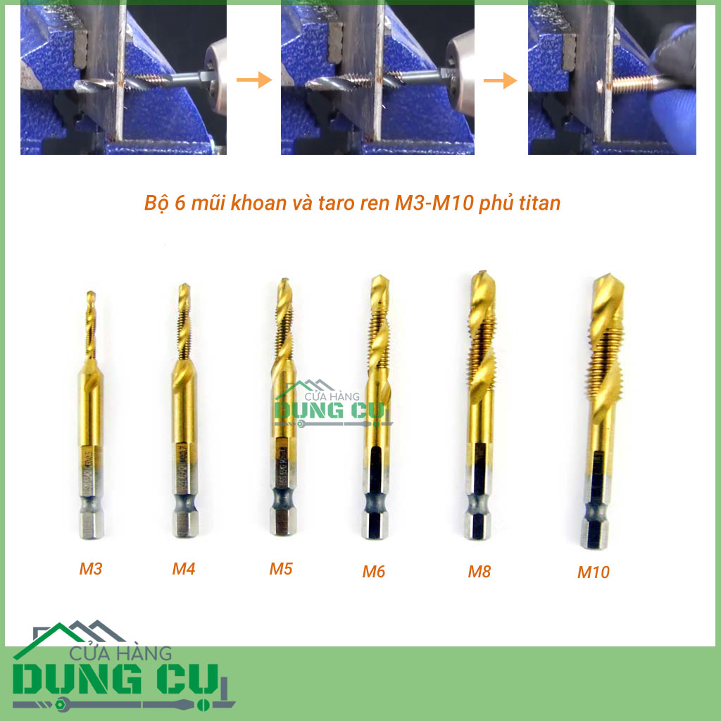 Bộ 6 mũi khoan và taro ren M3-M10 phủ titanium