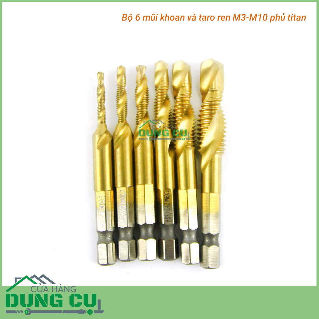 Bộ 6 mũi khoan và taro ren M3-M10 phủ titanium