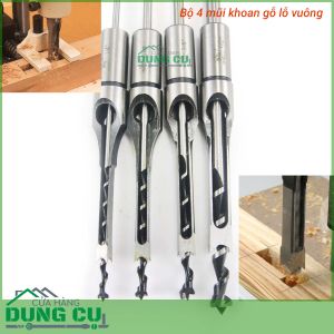 Bộ 4 mũi khoan đục lỗ vuông tạo mộng trên gỗ 6.5-12.7mm