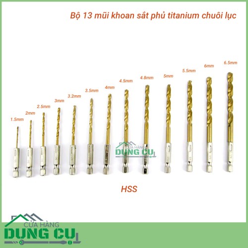 Bộ 13 mũi khoan sắt 1.5-6.5mm chuôi lục giác phủ titanium