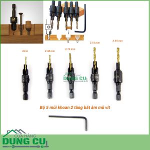 Bộ 5 mũi khoan 2 tầng chỉnh cữ bắt âm mũ vít 2-3.55mm