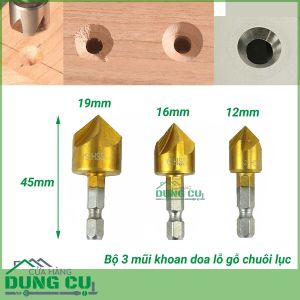 Bộ 3 mũi doa lỗ gỗ chuôi lục phủ Titanium